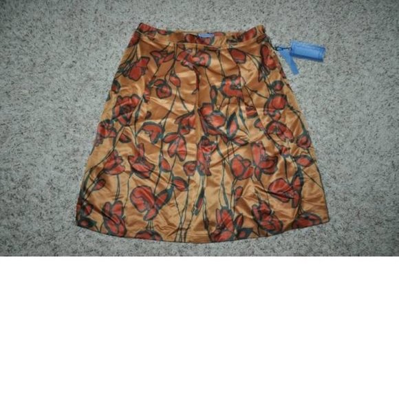 Womens Skirt 10 Gold Orange Floral Satiny Pleated Side Zip Simply Vera Wang - Picture 4 of 5